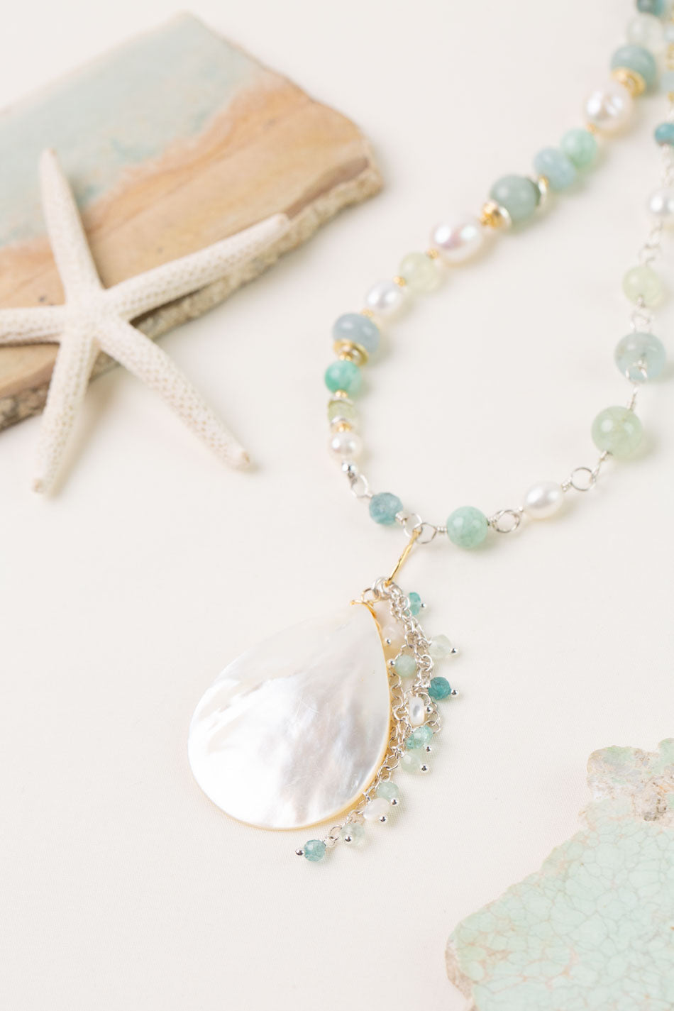 Serenity 26.5-28.5" Aquamarine, Freshwater Pearl, Amazonite with Mother Of Pearl Statement Necklace
