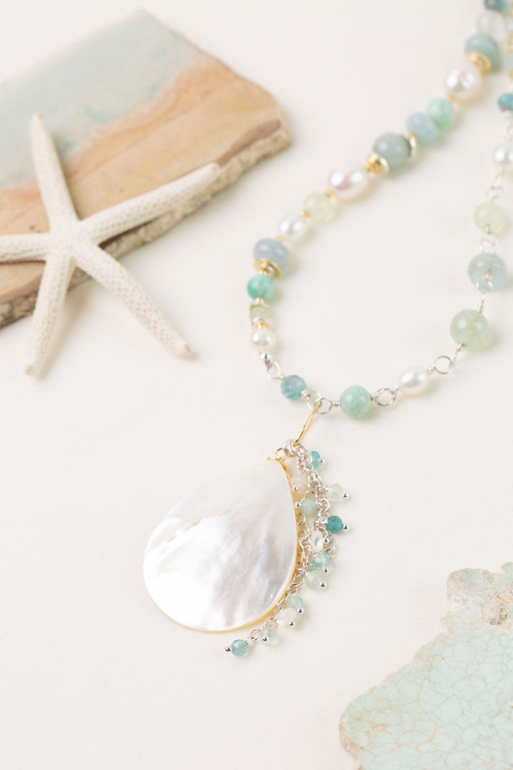 Serenity 26.5-28.5" Aquamarine, Freshwater Pearl, Amazonite with Mother Of Pearl Statement Necklace