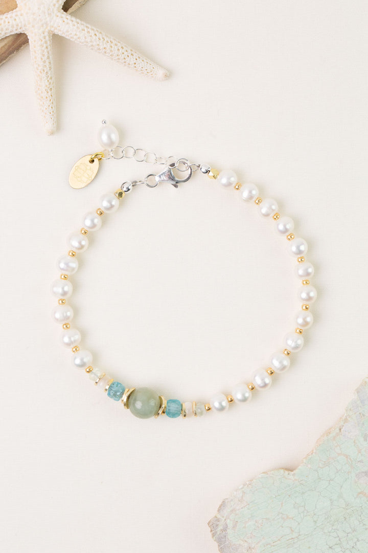 Serenity 7.5-8.5" Aquamarine, Freshwater Pearl, Apatite Collage Bracelet
