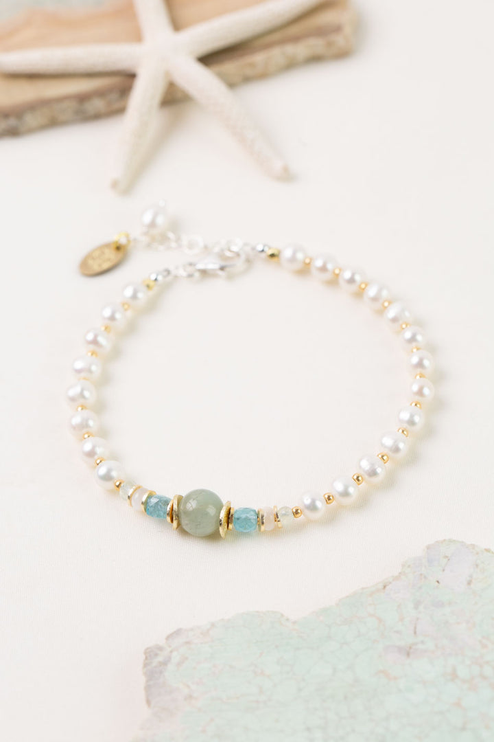 Serenity 7.5-8.5" Aquamarine, Freshwater Pearl, Apatite Collage Bracelet