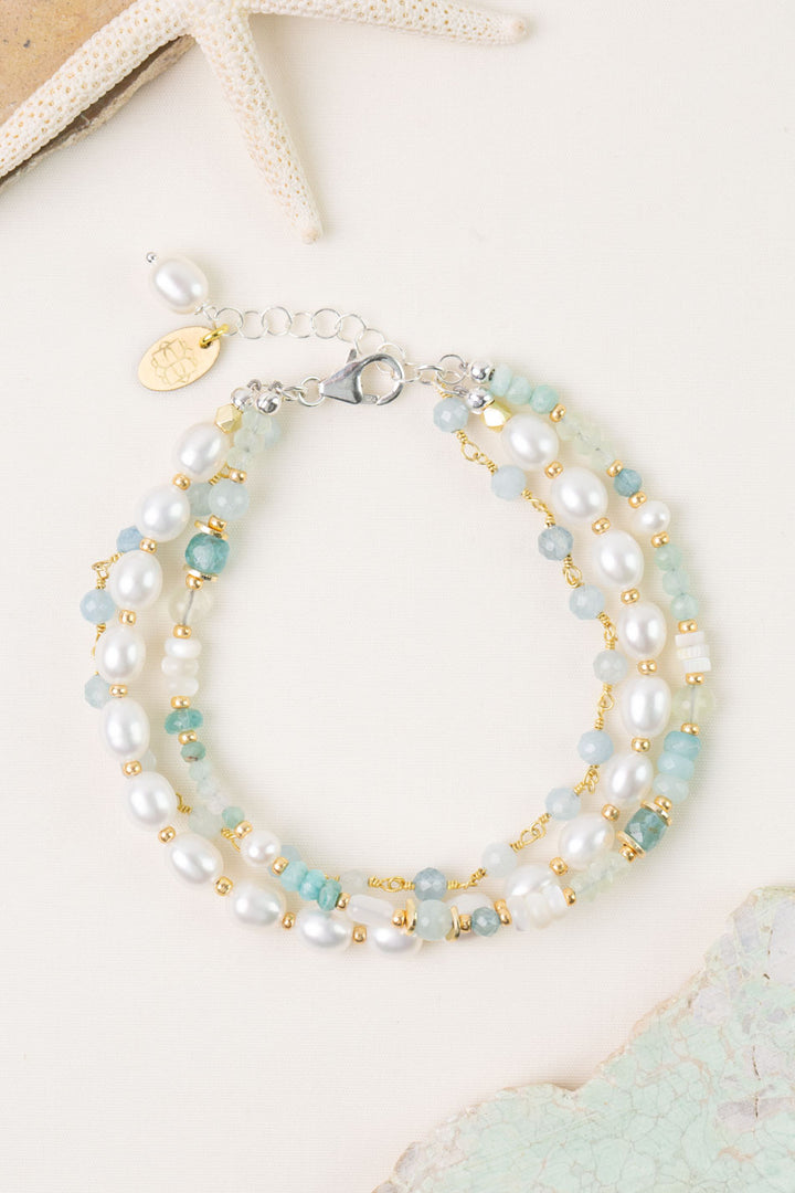 Serenity 7.5-8.5" Aquamarine, Freshwater Pearls, Apatite Multistrand Bracelet
