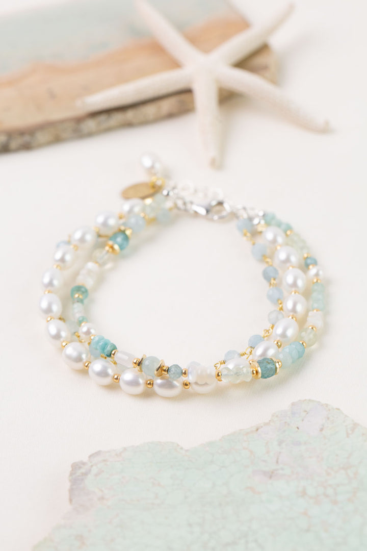 Serenity 7.5-8.5" Aquamarine, Freshwater Pearls, Apatite Multistrand Bracelet