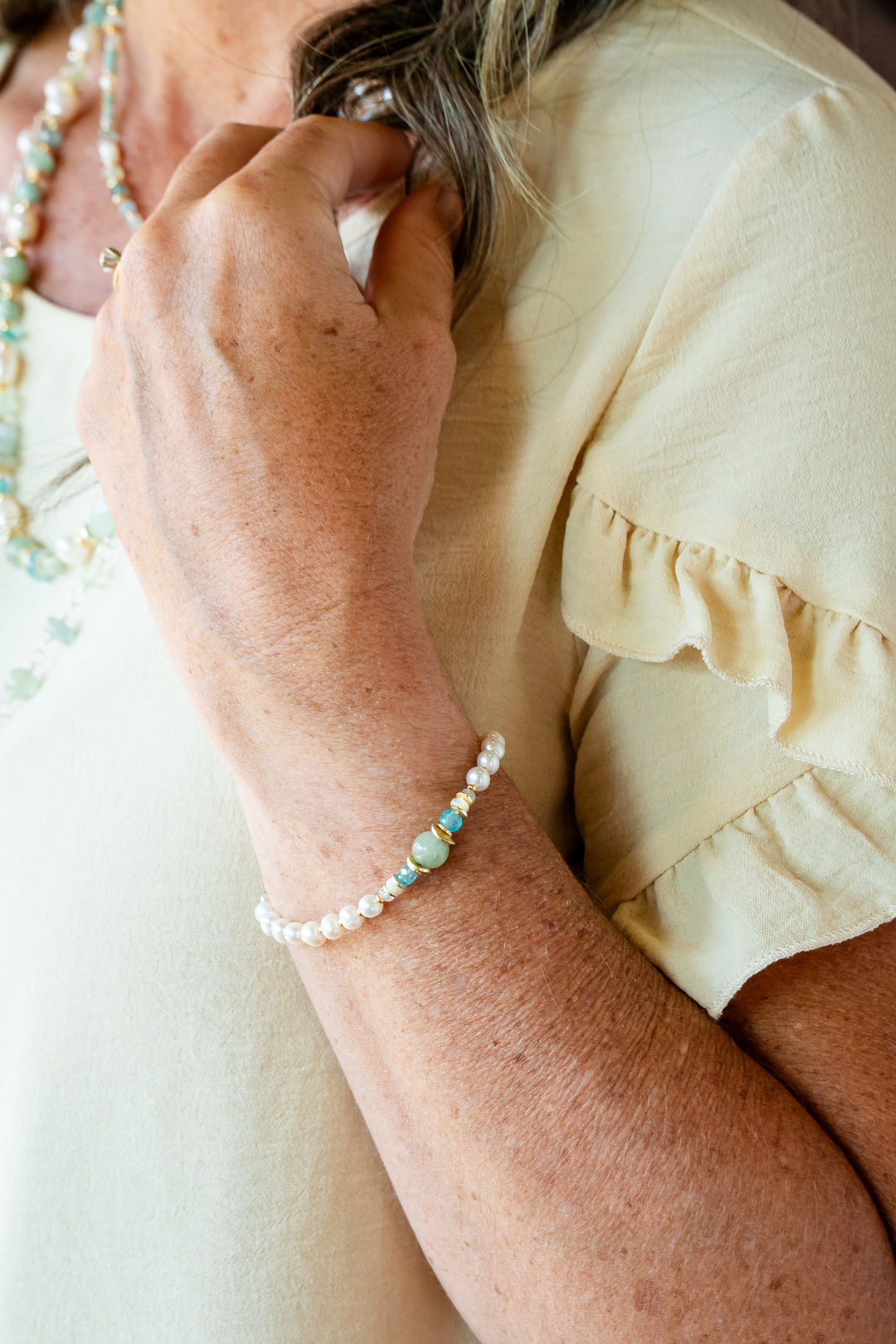 Serenity 7.5-8.5" Aquamarine, Freshwater Pearl, Apatite Collage Bracelet