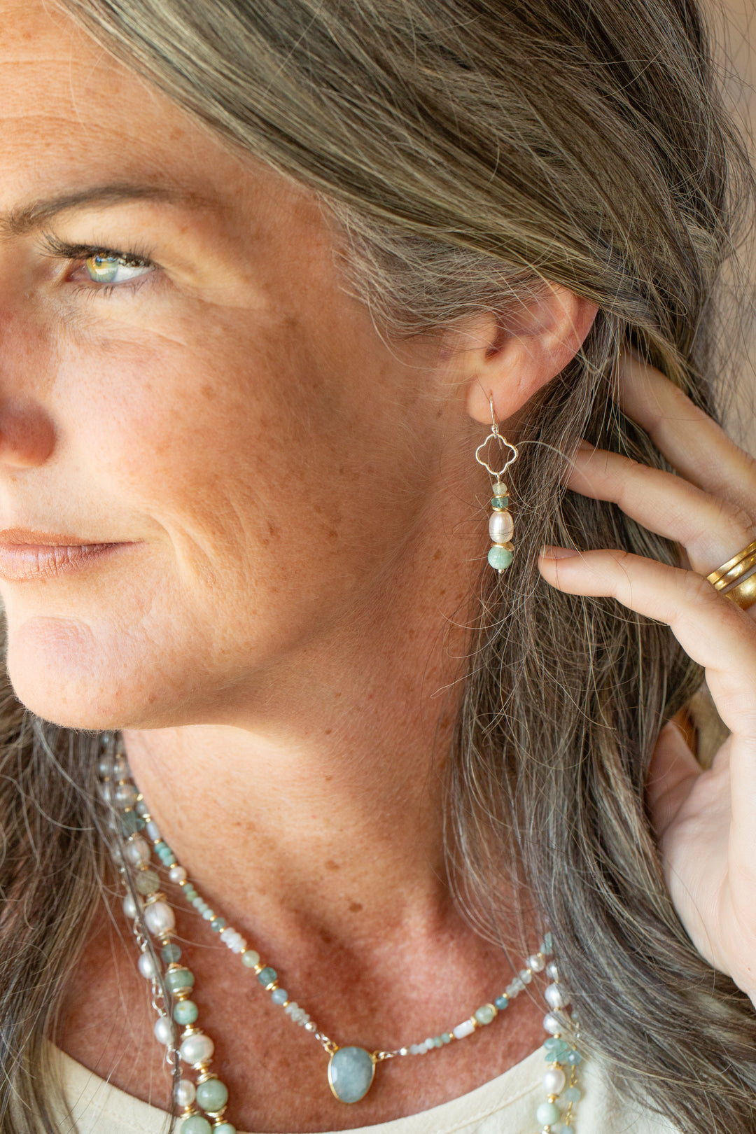 Serenity Freshwater Pearl, Amazonite, Aquamarine Simple Earrings