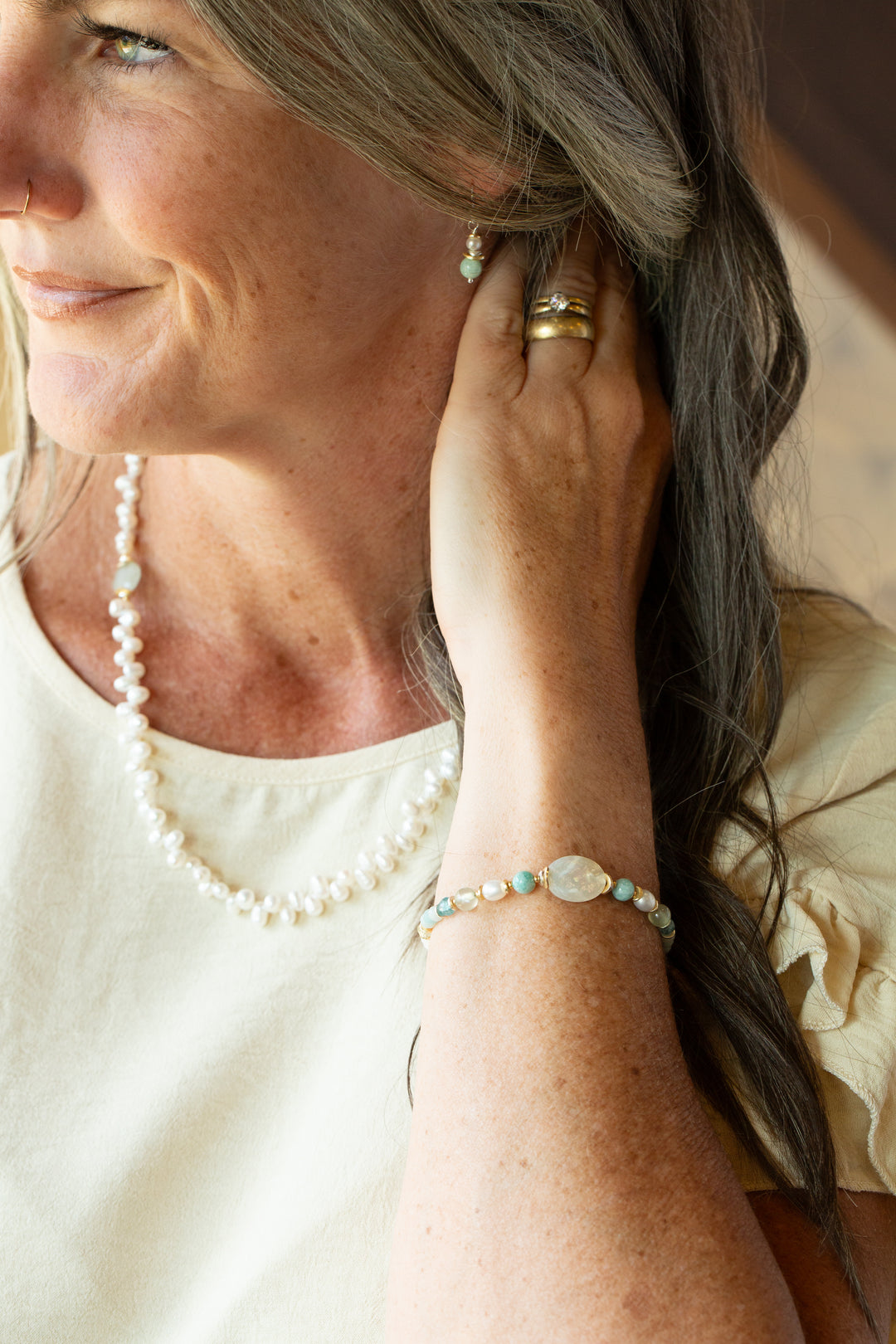 Serenity 7.5-8.5" Freshwater Pearl, Amazonite With Faceted Mother Of Pearl Collage Bracelet