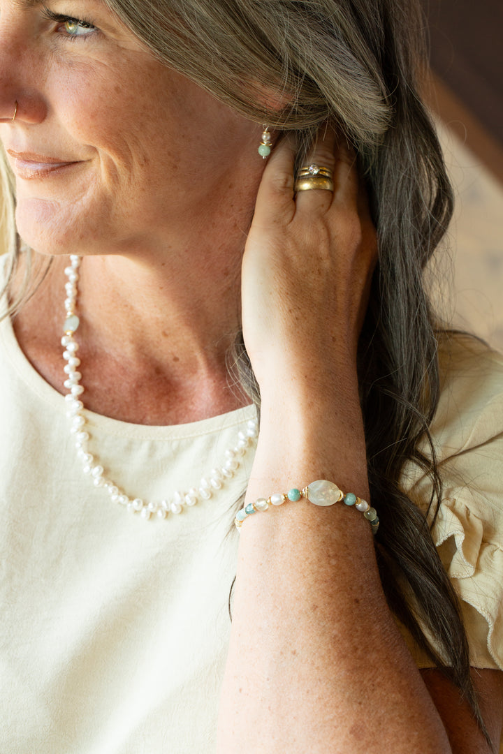 Serenity 7.5-8.5" Freshwater Pearl, Amazonite With Faceted Mother Of Pearl Collage Bracelet