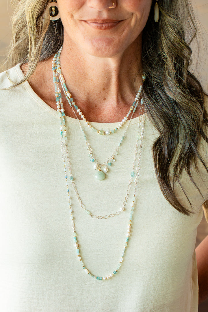 Serenity 20-22" Amazonite, Freshwater Pearl, Apatite with Aquamarine Statement Necklace