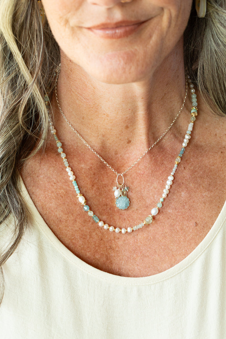 Serenity 16-18" Green Amethyst, Freshwater Pearl, Apatite with Aquamarine Cluster Necklace