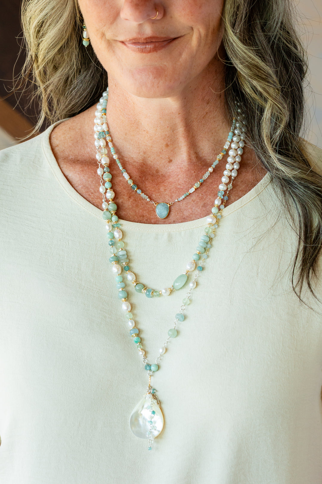 Serenity 26.5-28.5" Aquamarine, Freshwater Pearl, Amazonite with Mother Of Pearl Statement Necklace