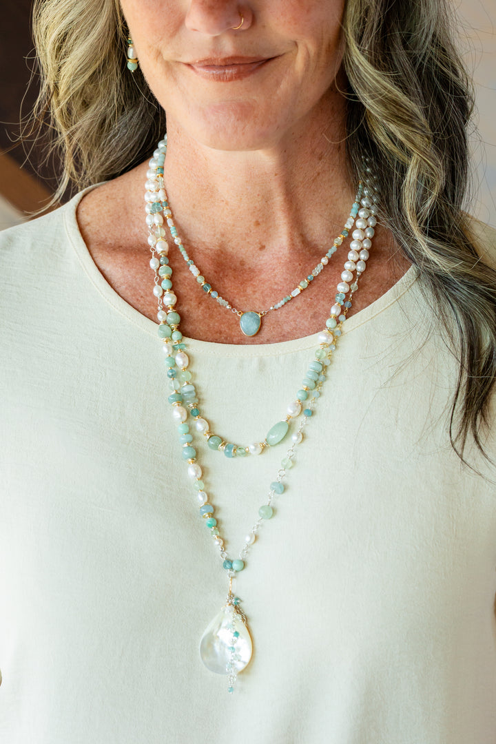 Serenity 16-18" Freshwater Pearl, Apatite, Amazonite with Aquamarine Collage Necklace
