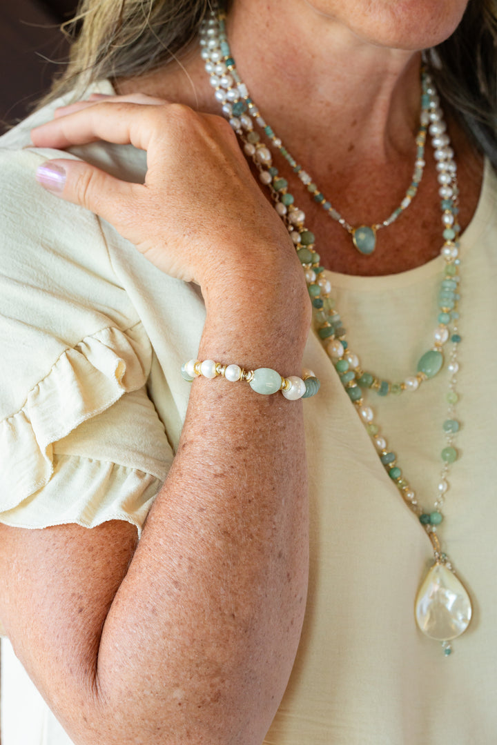 She Recovers 7.5-8.5" Amazonite, Freshwater Pearl, Apatite Simple Bracelet