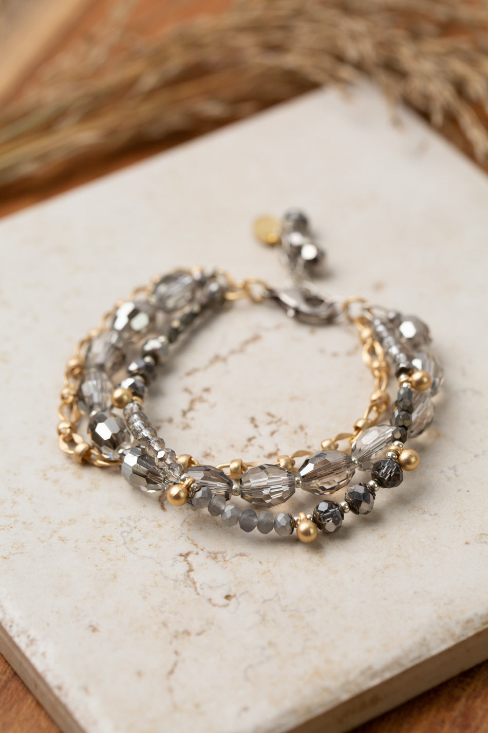 Silver & Gold 7.5-8.5" Czech Glass, Crystal Multistrand Bracelet