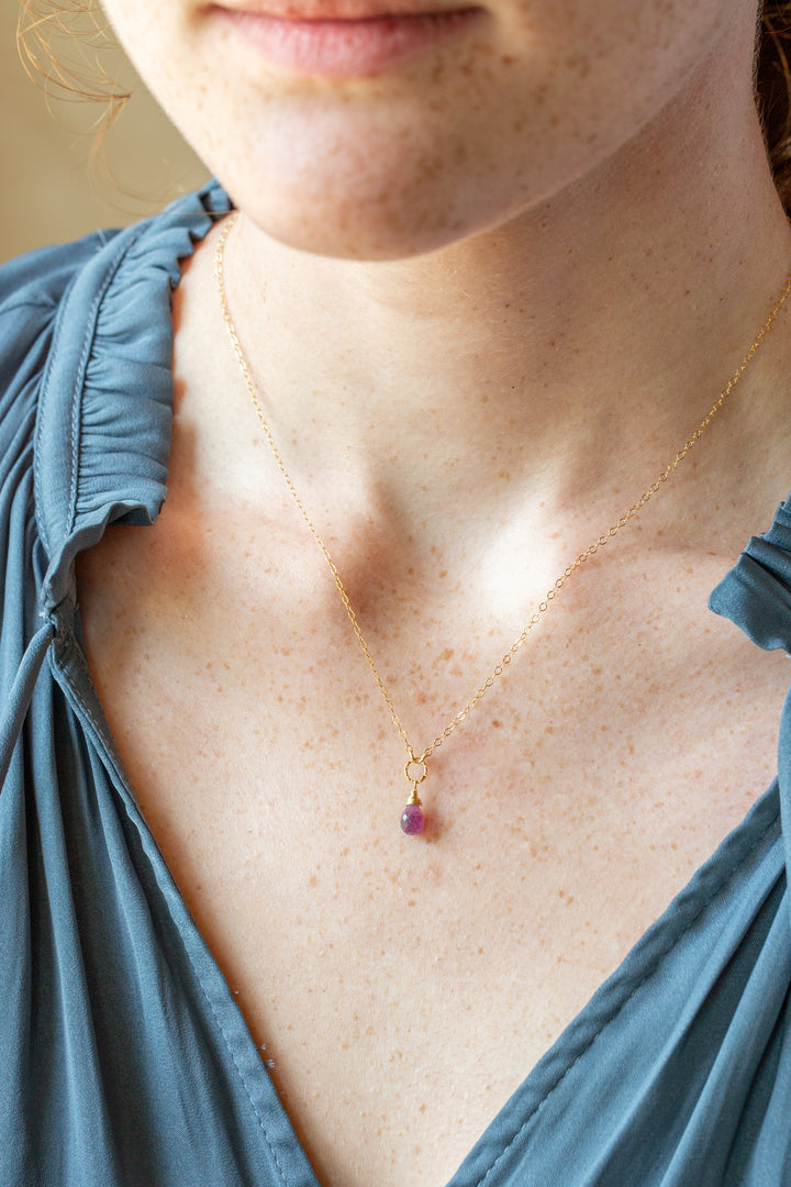 Birthstone 16-18" July Gold Ruby Solitaire Drop Simple Necklace