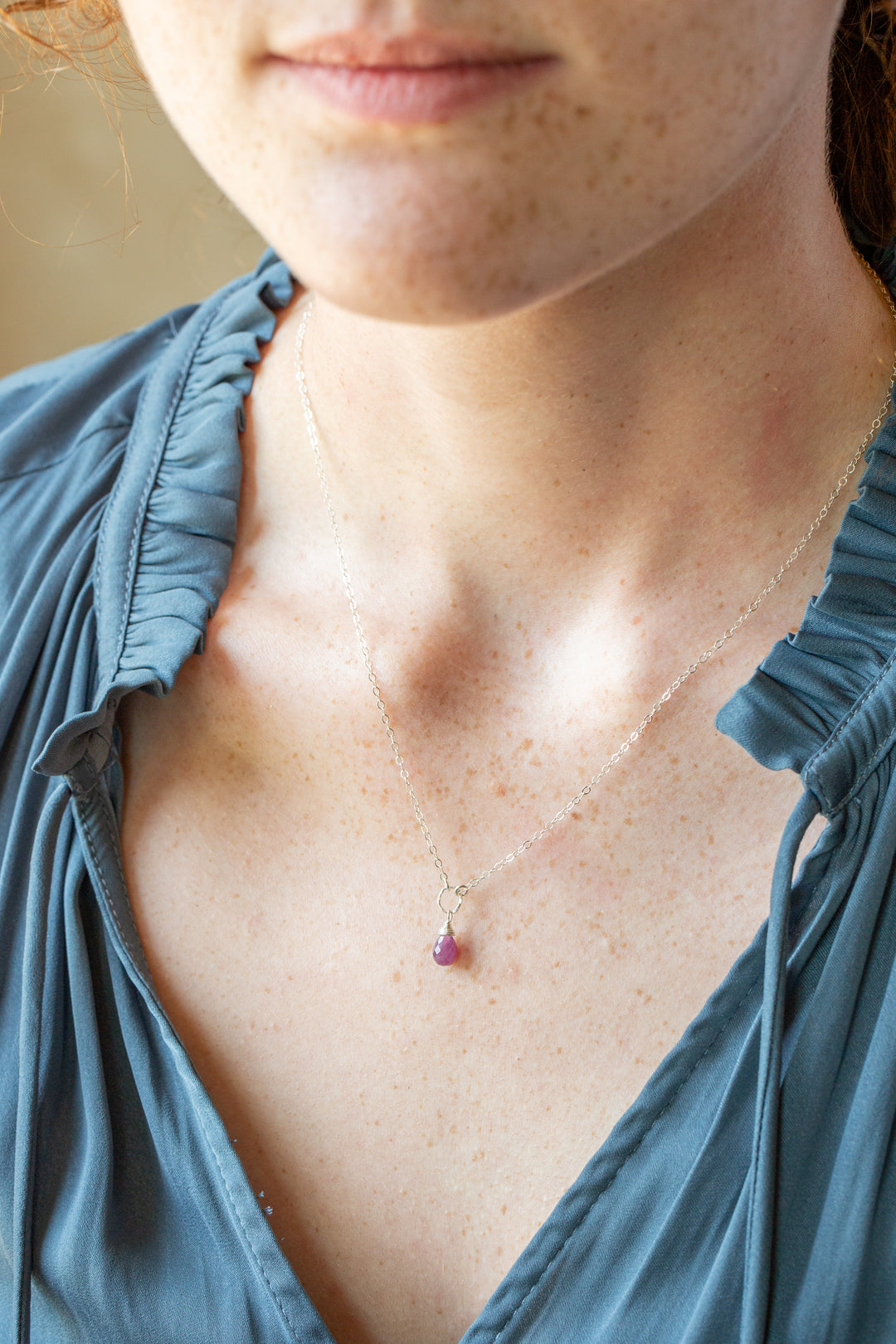 Birthstone 16-18" July Silver Ruby Solitaire Drop Simple Necklace