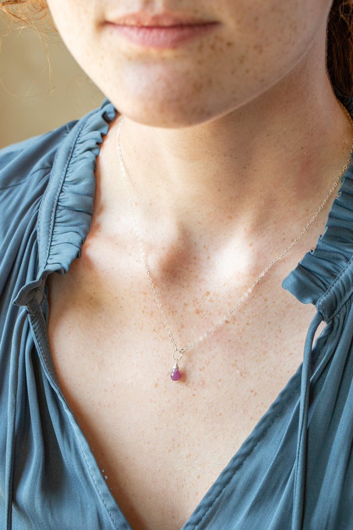 Birthstone 16-18" July Silver Ruby Solitaire Drop Simple Necklace