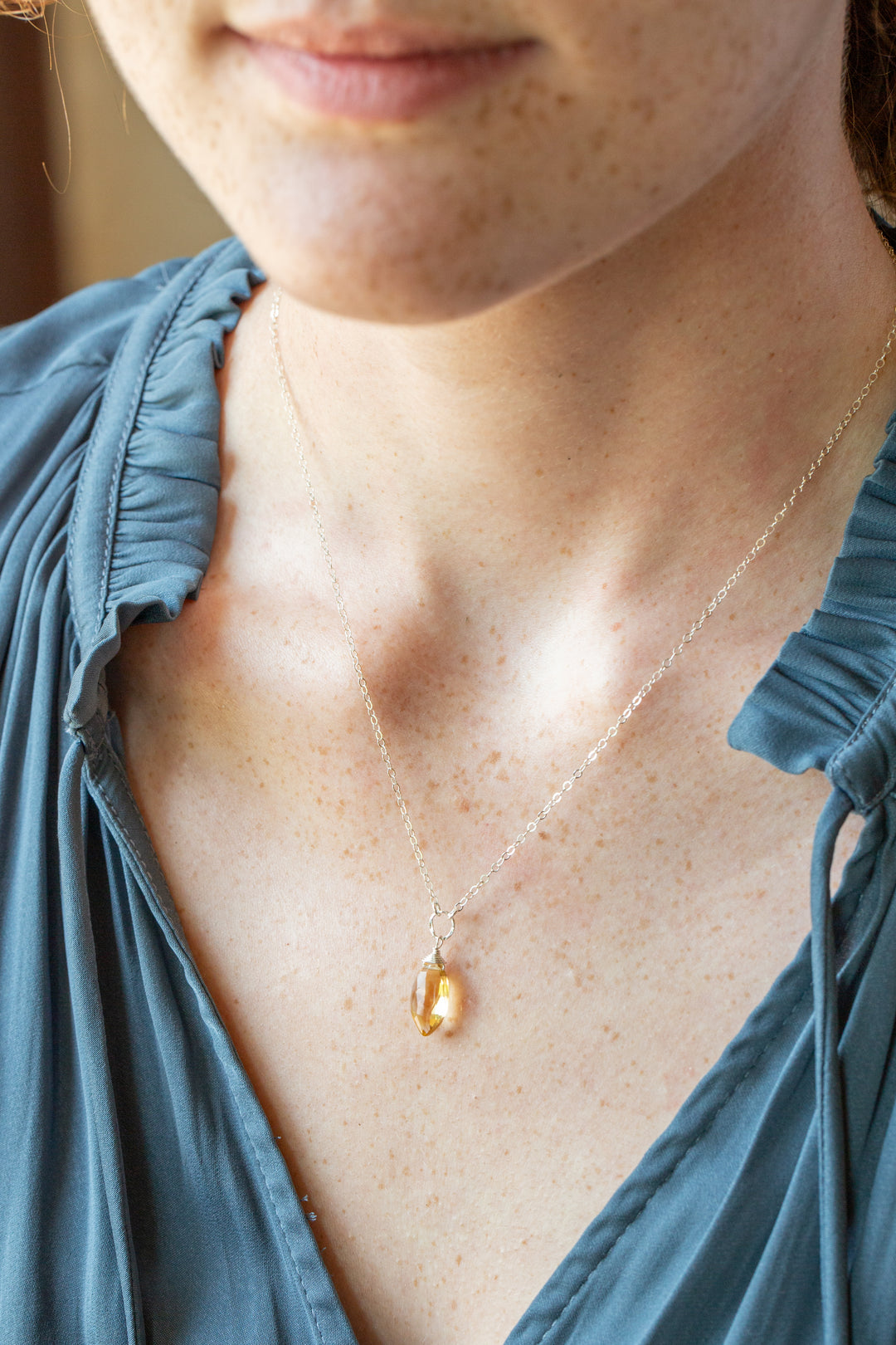 Birthstone 16-18" November Silver Citrine Solitaire Drop Simple Necklace