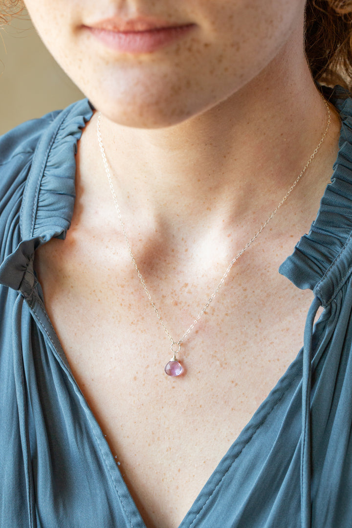 Birthstone 16-18" February Silver Amethyst Solitaire Drop Simple Necklace