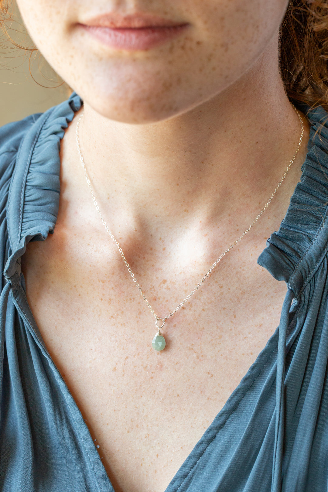 Birthstone 16-18" March Silver Aquamarine Solitaire Drop Simple Necklace
