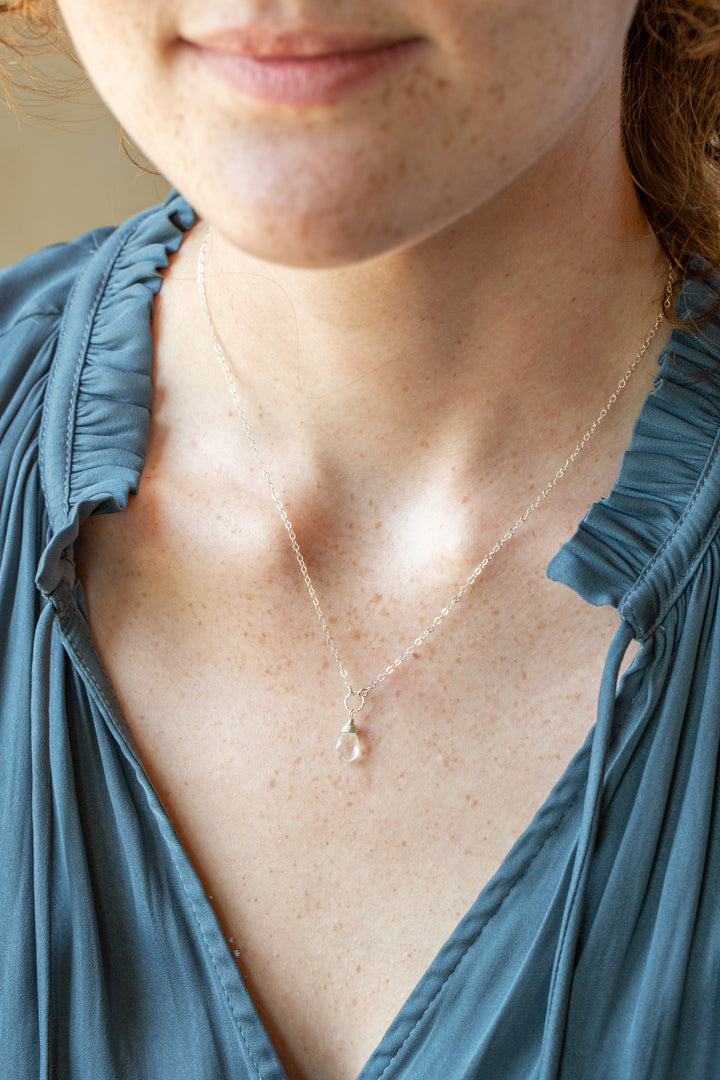 Birthstone 16-18" April Silver Clear Quartz Solitaire Drop Simple Necklace