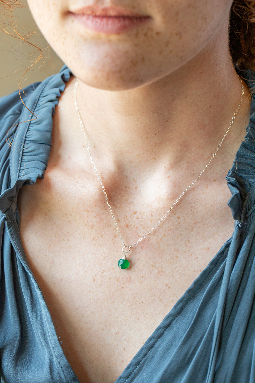 Birthstone 16-18" May Silver Green Onyx Solitaire Drop Simple Necklace