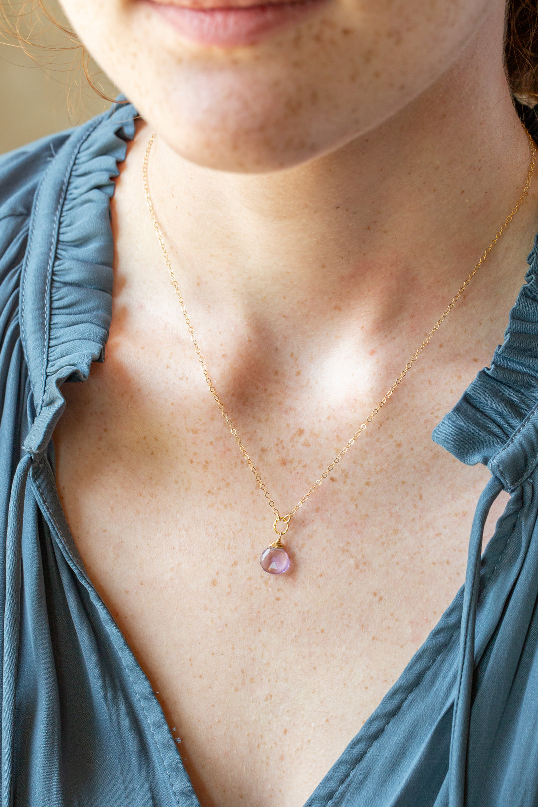 Birthstone 16-18" February Gold Amethyst Solitaire Drop Simple Necklace