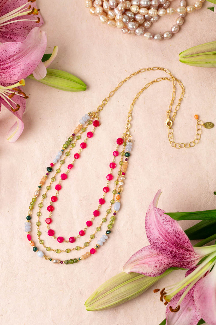 Splendor 21.5-23.5" Blue Lace Agate, Fuchsia Jade, Peridot Multistrand Necklace