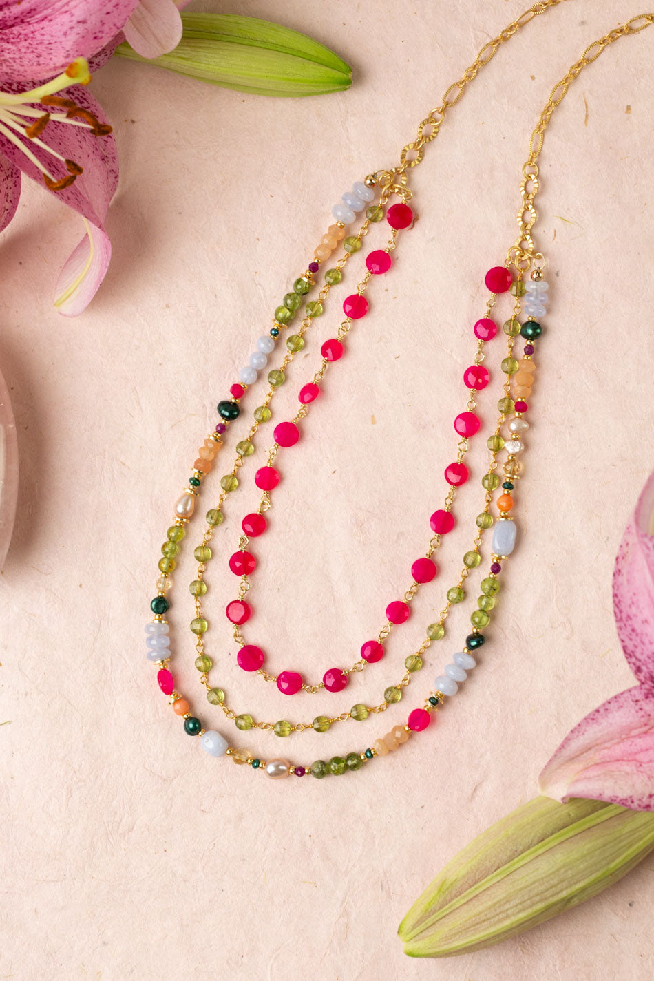 Splendor 21.5-23.5" Blue Lace Agate, Fuchsia Jade, Peridot Multistrand Necklace