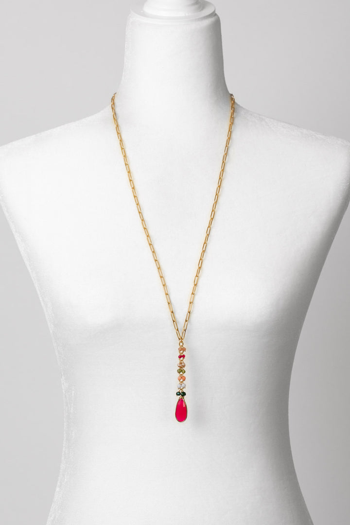 Splendor 29.5-31.5" Fuchsia Jade Pendant, Freshwater Pearl, And Coral Cluster Necklace