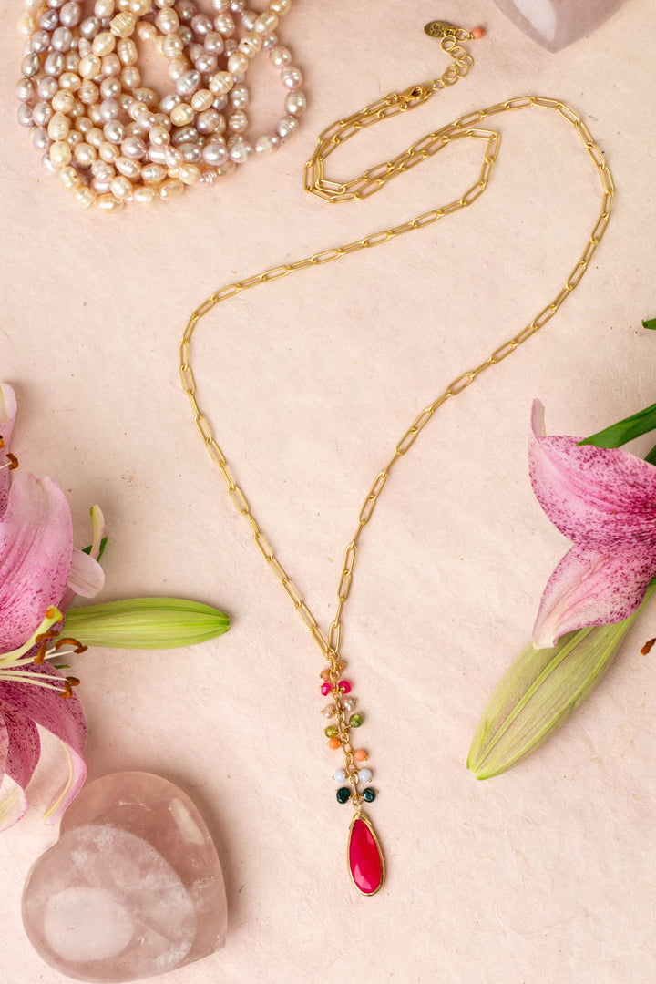Splendor 29.5-31.5" Fuchsia Jade Pendant, Freshwater Pearl, And Coral Cluster Necklace
