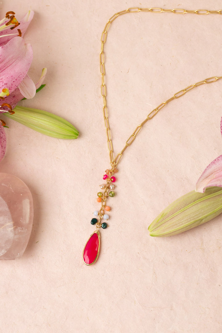Splendor 29.5-31.5" Fuchsia Jade Pendant, Freshwater Pearl, And Coral Cluster Necklace