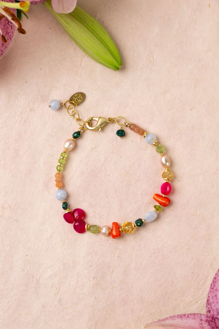 Splendor 7.5-8.5" Fuchsia Jade, Freshwater Pearl, Coral Simple Bracelet
