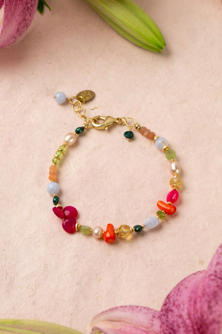 Splendor 7.5-8.5" Fuchsia Jade, Freshwater Pearl, Coral Simple Bracelet
