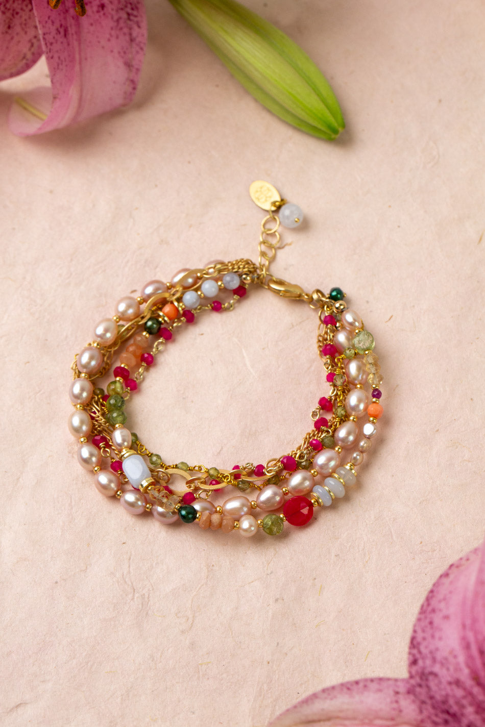 Splendor 7.5-8.5" Fuchsia Jade, Peridot, Coral Multistrand Bracelet