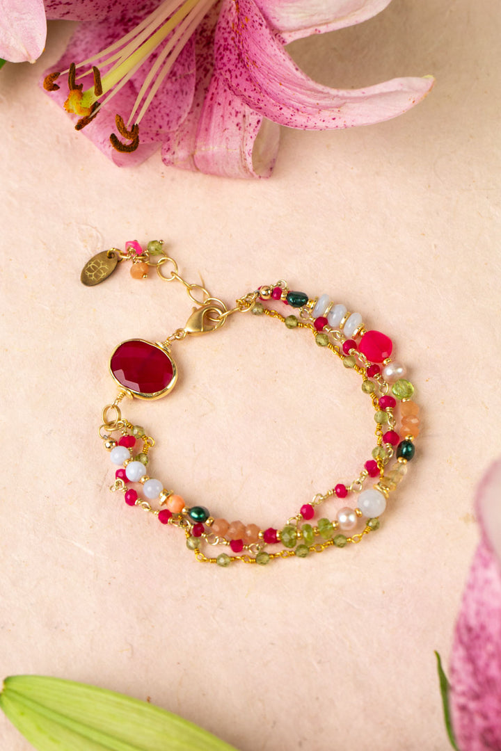 Splendor 7.5-8.5" Fuchsia Jade Bezel, Peridot, Blue Lace Agate Multistrand Bracelet