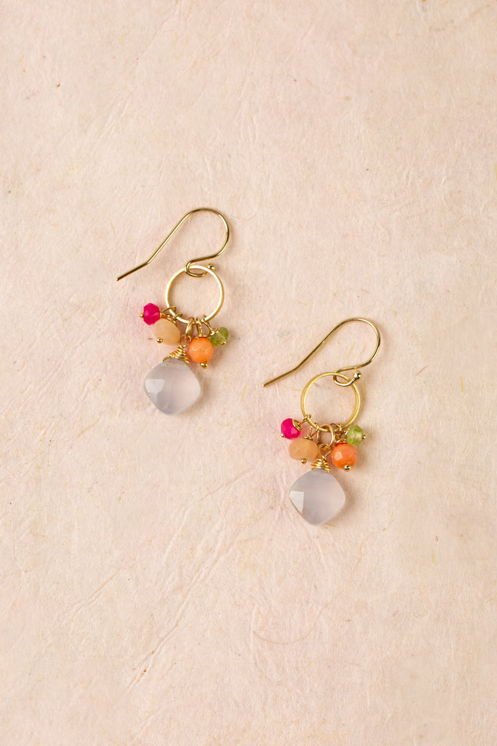 Splendor Chalcedony Briolette, Peridot, Coral Cluster Earrings