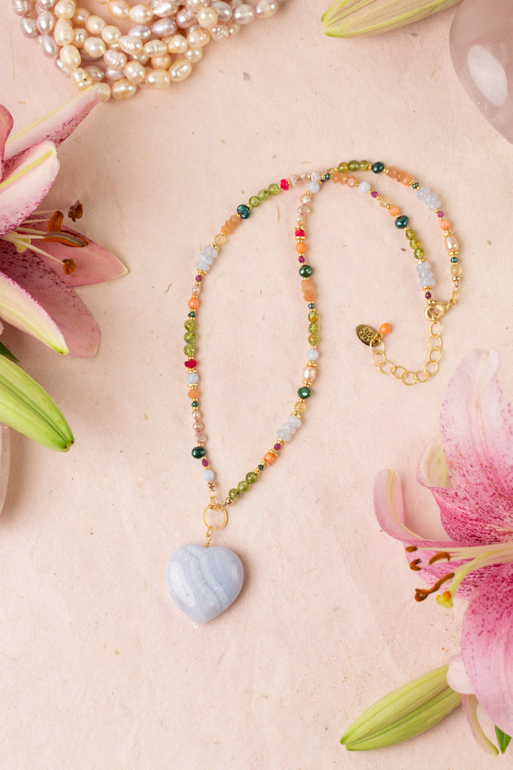 Splendor 17.5-19.5" Blue Lace Agate Heart Pendant Statement Necklace