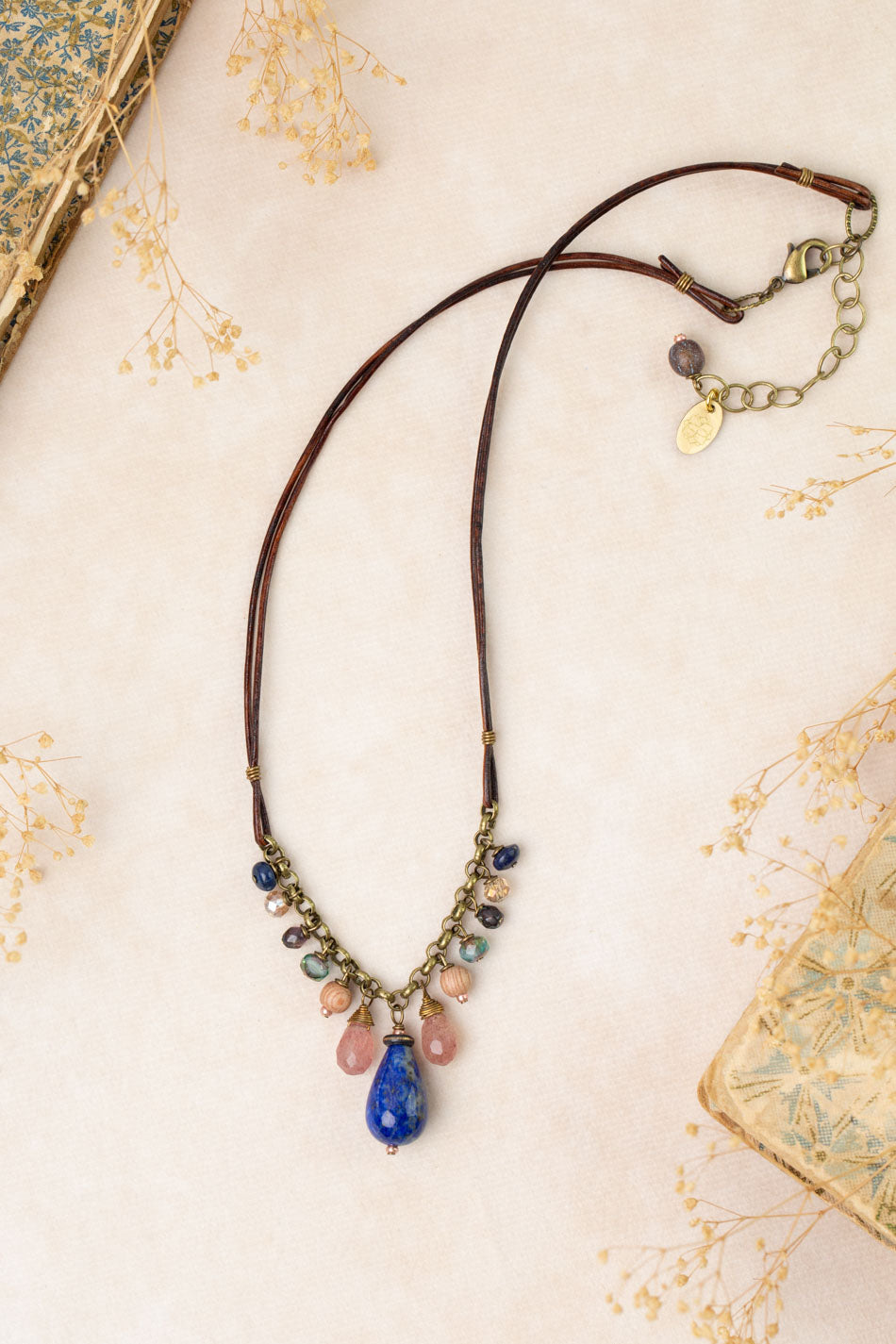 Storyteller 16-18" Strawberry Quartz, Lapis, Wood Cluster Necklace