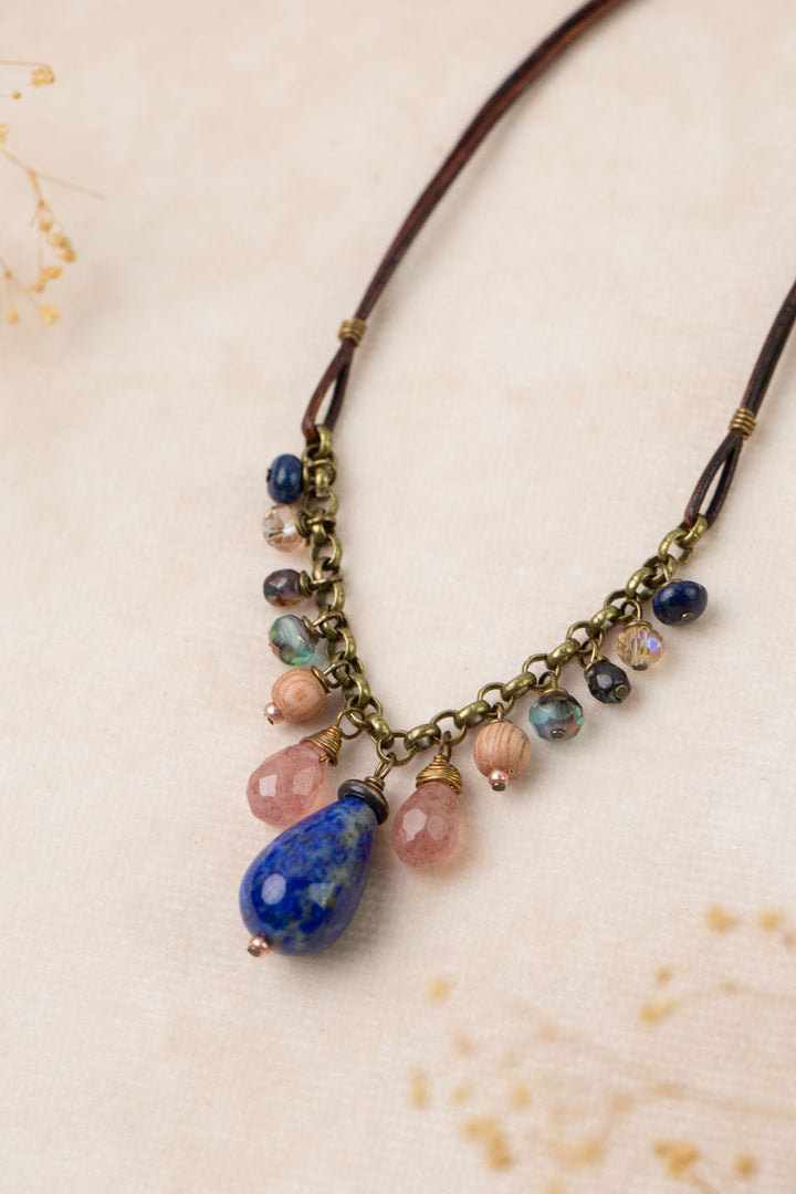 Storyteller 16-18" Strawberry Quartz, Lapis, Wood Cluster Necklace