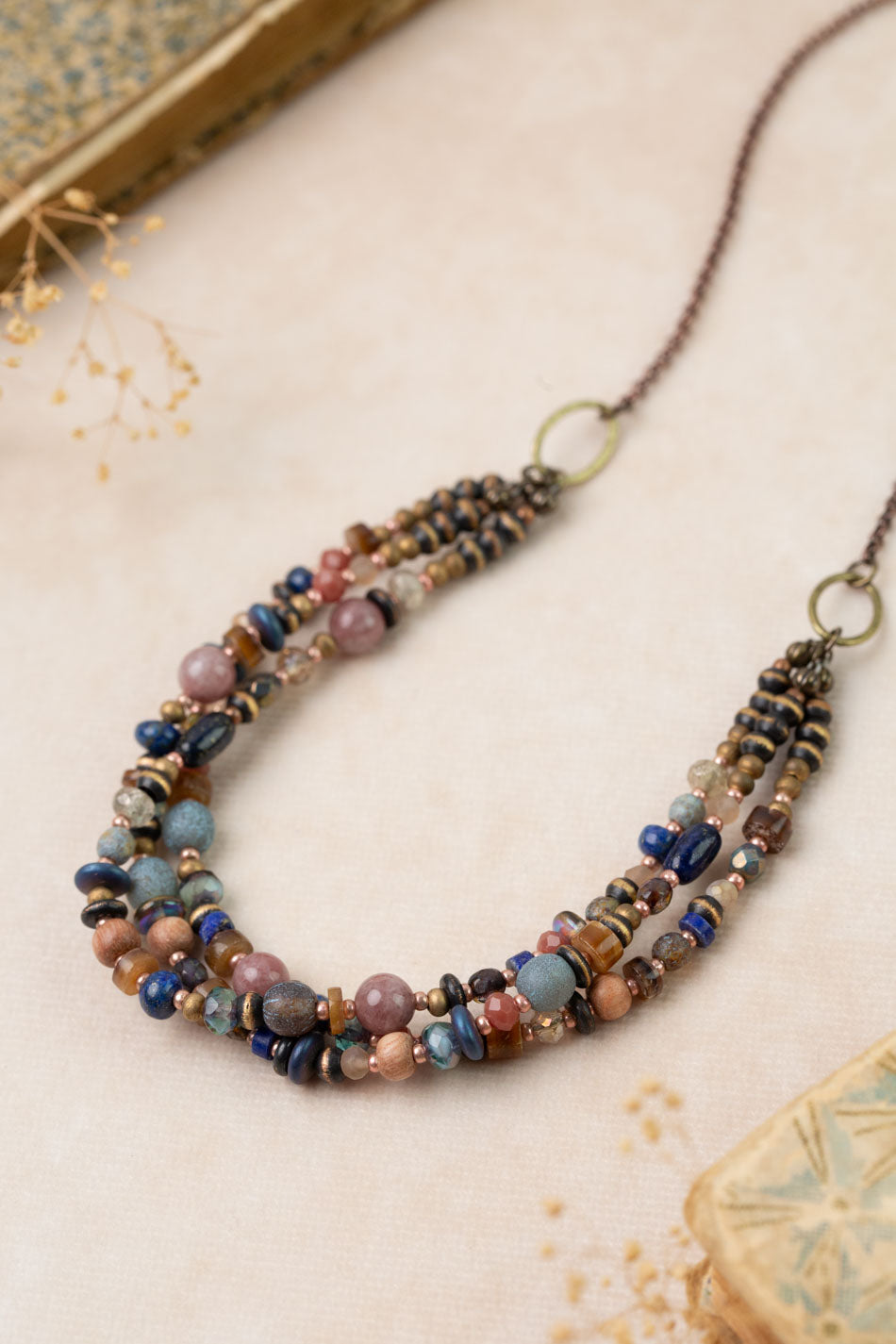Storyteller 21-23" Muscovite, Lapis, Wood Collage Necklace