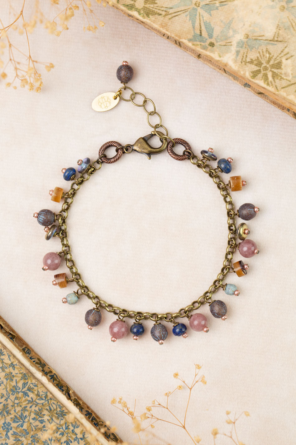Storyteller 7.5-8.5" Czech Glass, Muscovite, Lapis Statement Bracelet
