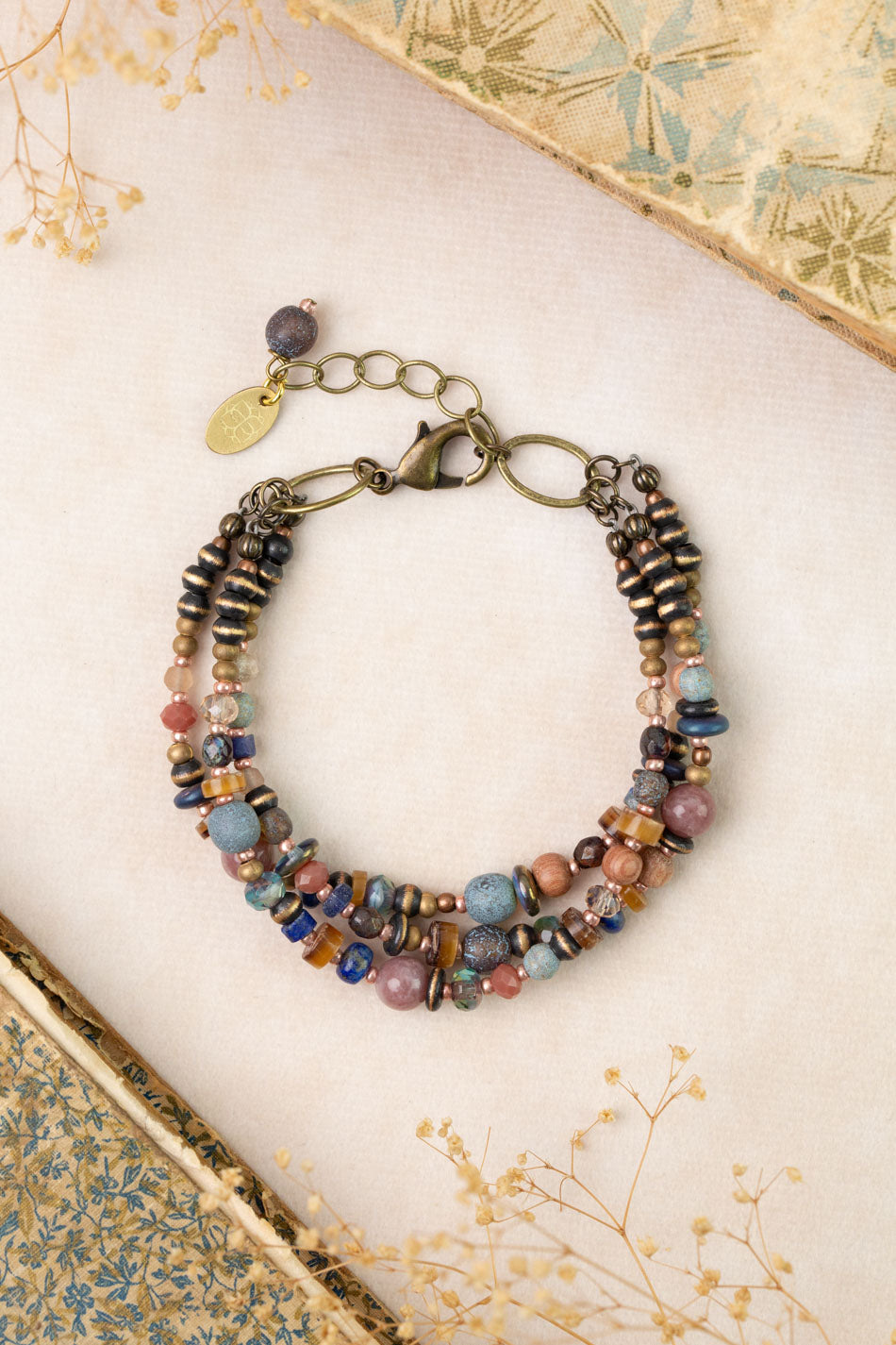 Storyteller 7.5-8.5" Czech Glass, Muscovite, Lapis Multistrand Bracelet