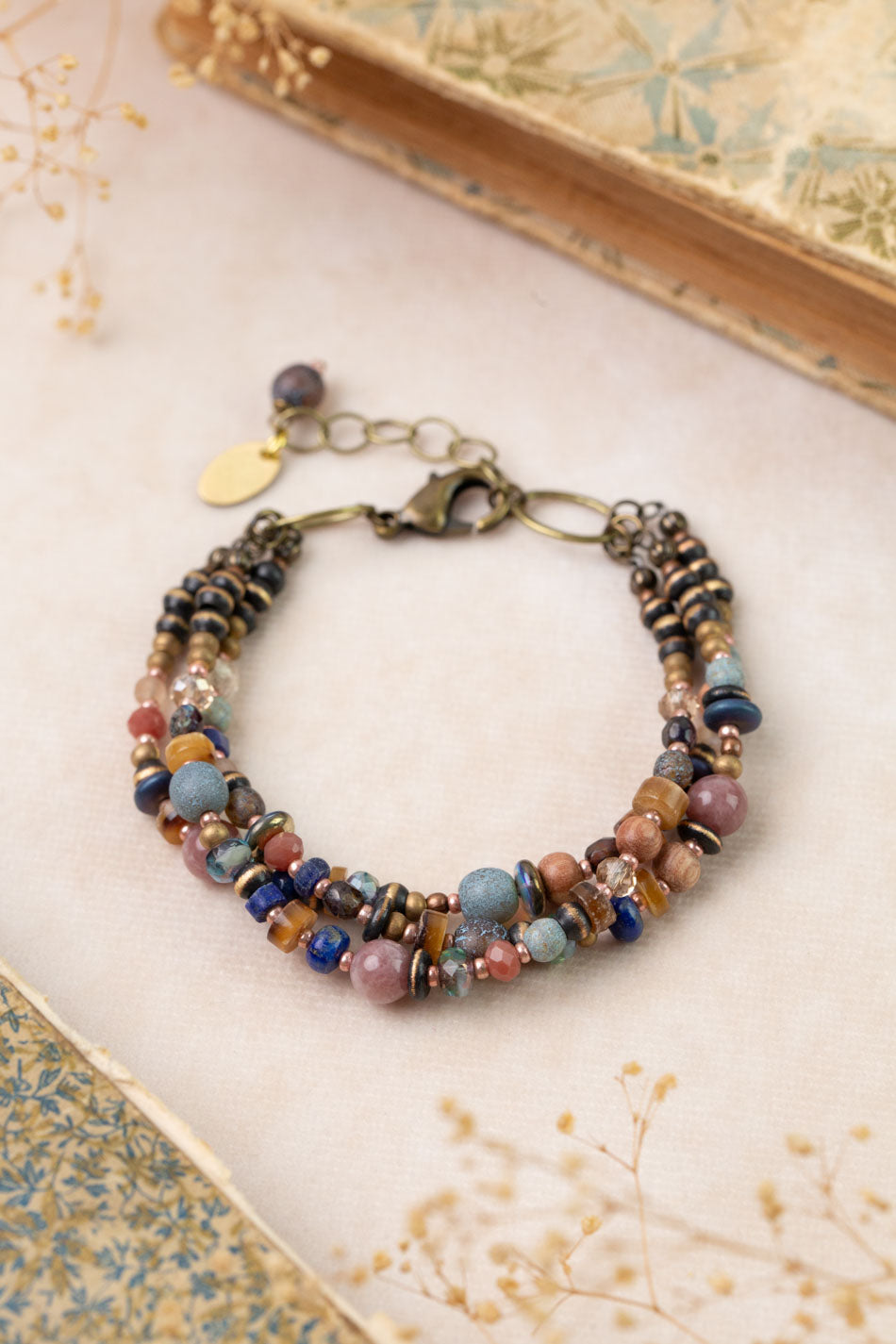 Storyteller 7.5-8.5" Czech Glass, Muscovite, Lapis Multistrand Bracelet