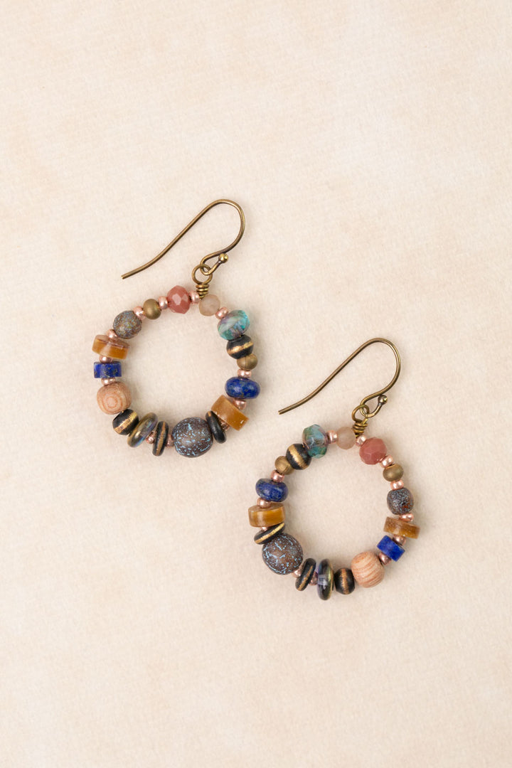 Storyteller Wood, Lapis, Shell Hoop Earrings