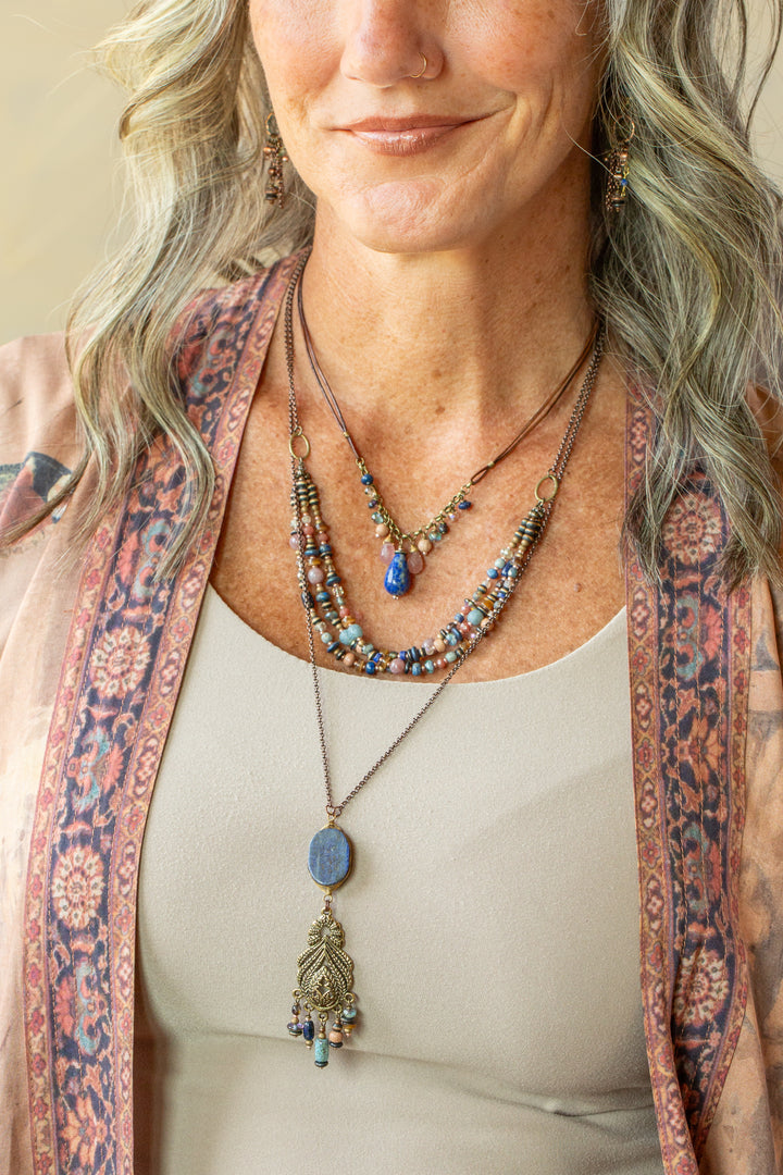 Storyteller 21-23" Muscovite, Lapis, Wood Collage Necklace
