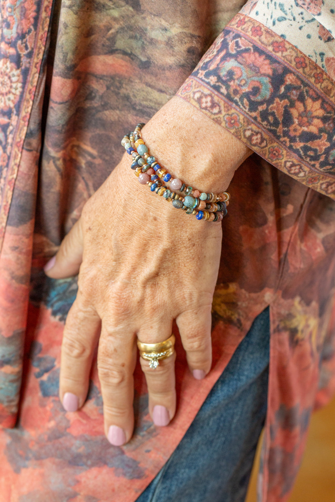 Storyteller 7.5-8.5" Czech Glass, Muscovite, Lapis Multistrand Bracelet