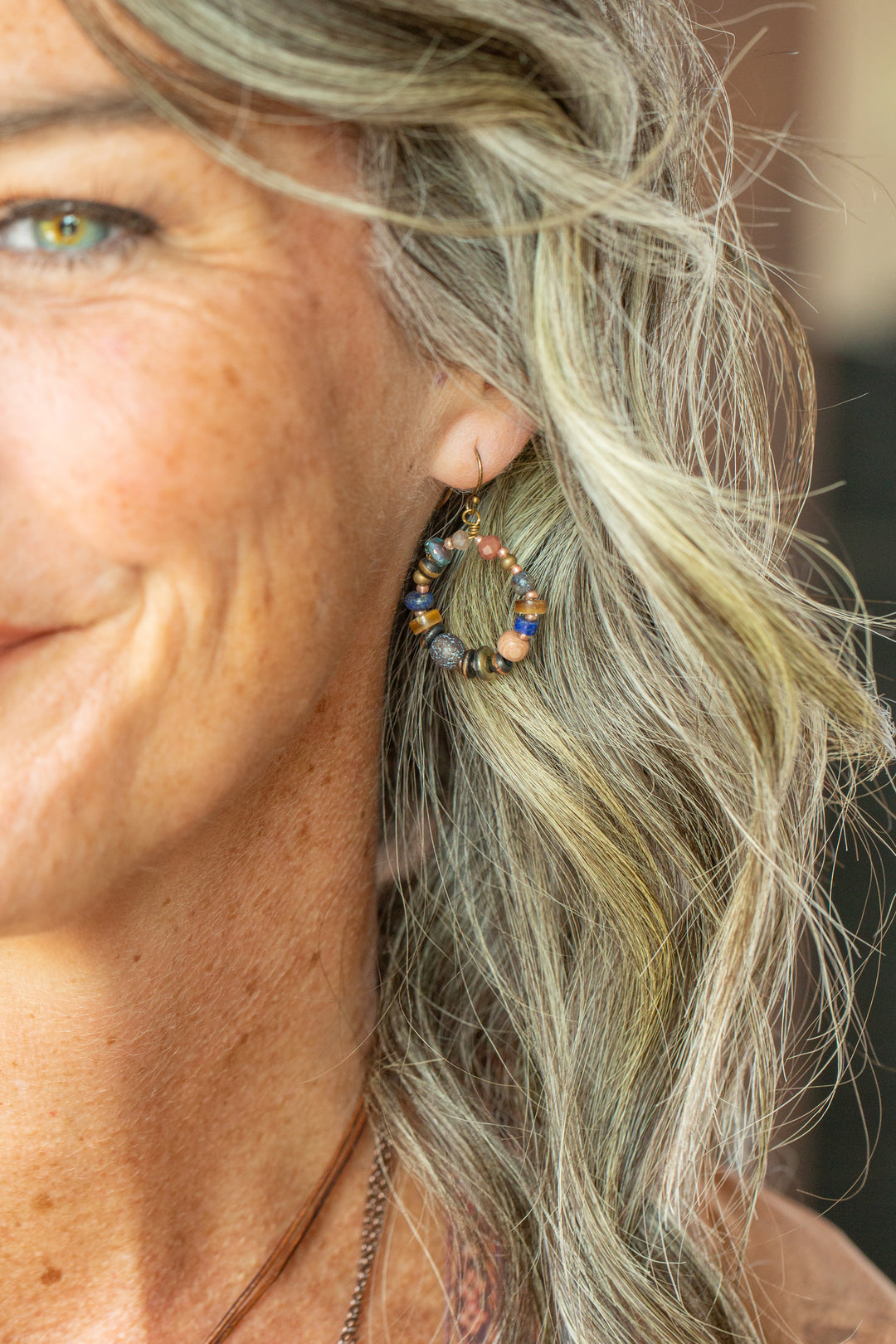 Storyteller Wood, Lapis, Shell Hoop Earrings