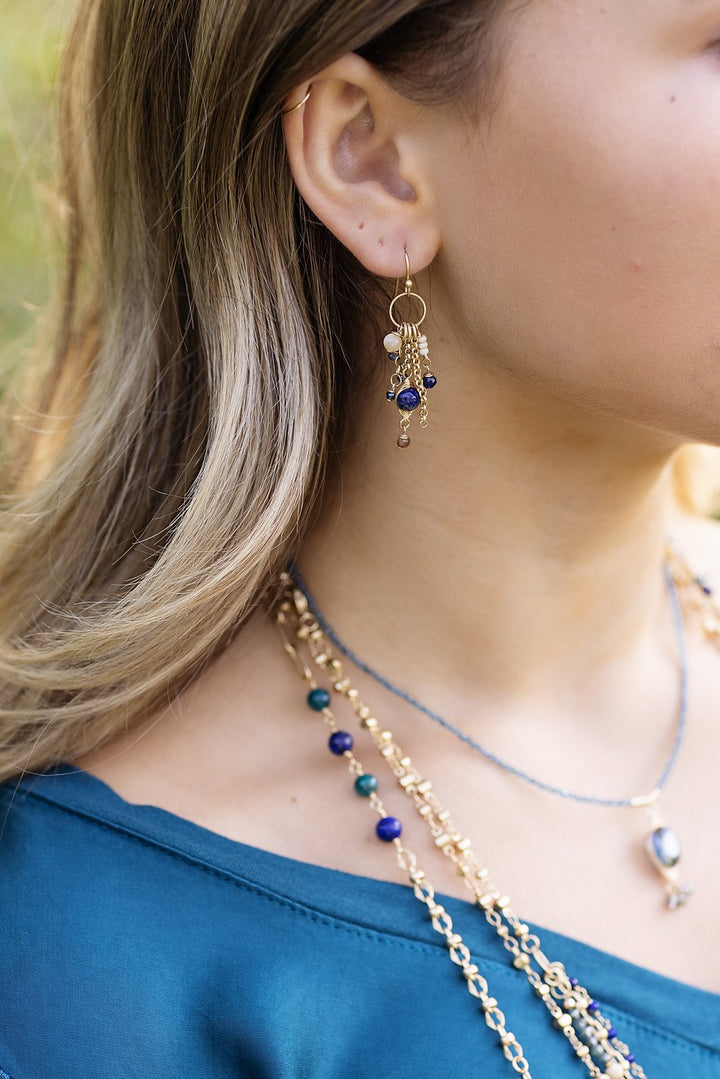 Starry Night Mother Of Pearl, Blue Crystal Tassel Earrings