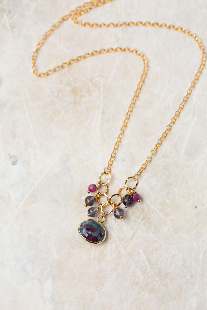 True Colors 15-17" Iolite With Faceted Ruby, Kyanite Bezel Simple Necklace