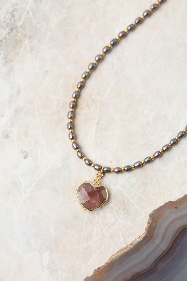 True Colors 19.25-21.25" Freshwater Pearl, Ruby With Faceted Strawberry Quartz Heart Shaped Bezel Simple Necklace