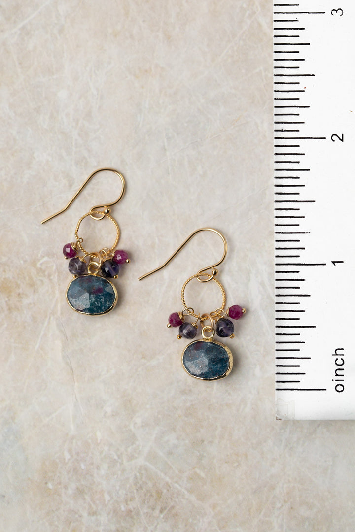 True Colors Iolite with Faceted Ruby, Kyanite Bezel Cluster Earrings